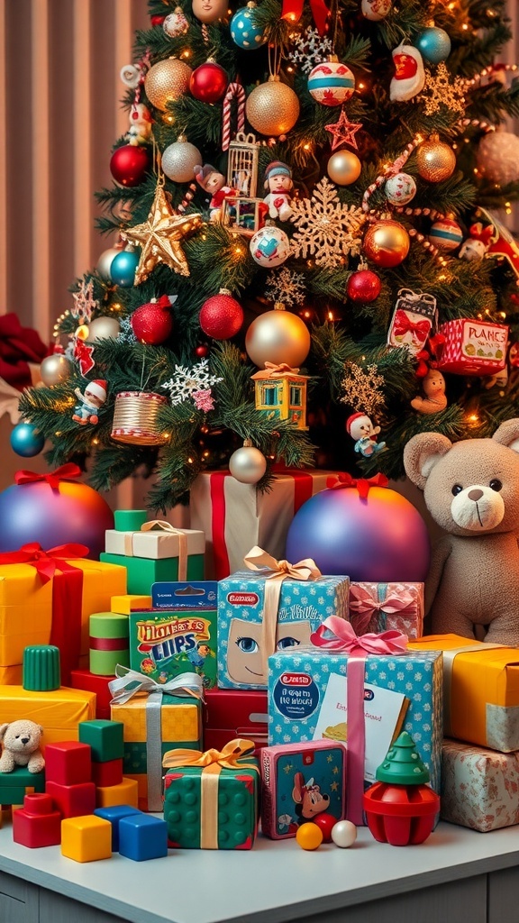 A collection of Christmas gifts for kids under a decorated tree, including toys, books, and art supplies.